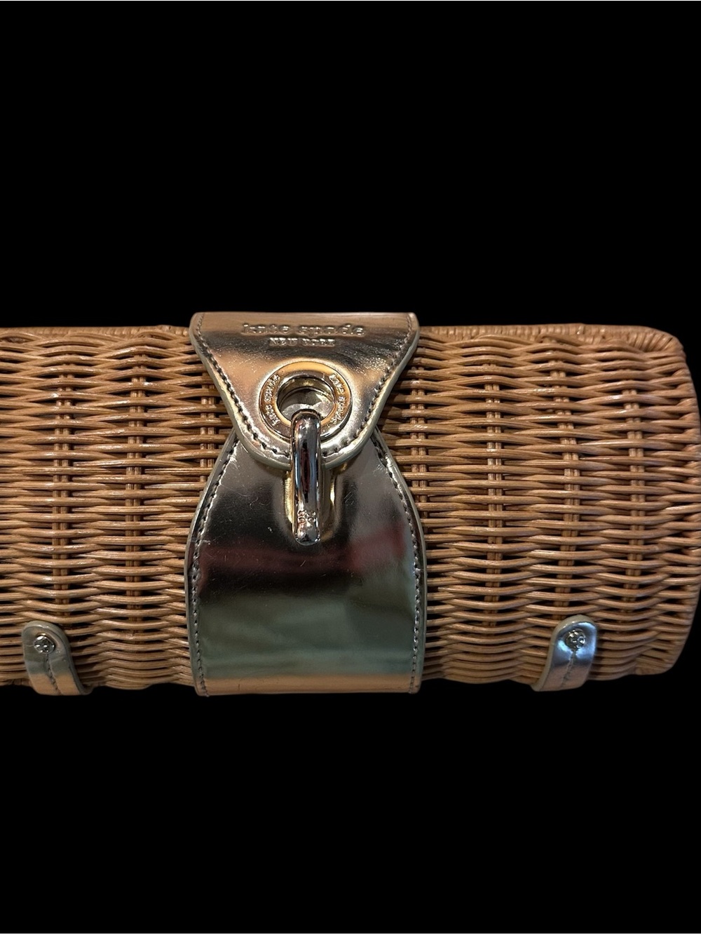 kate spade wicker brunch clutch gold patent leather 9x4 vintage polka dot liner